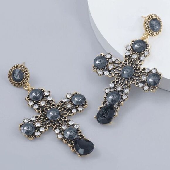 GOLD BLACK  AND WHITE CRYSTAL CROSS DANGLE EARRINGS - Picture 2 of 2